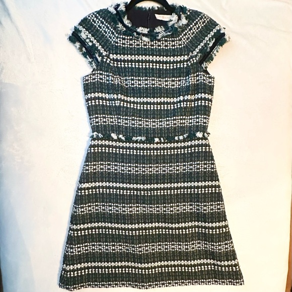 Tory Burch Norfolk Striped Tweed Dress 2 Cap Sleeve Fit & Flare Green Blk Wht - Picture 3 of 12